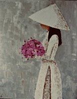Laura Caretta Painter - 82 Vietnamise with pink flowers - 2019 oil with knofe 60x75