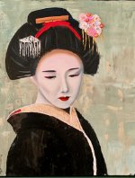 Tokyo - 2020 - oil 60x75 Red lips, porcelain skin, and traditional Japanese hair ornaments… trying to capture the beauty and elegance of 女性.