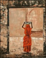 Doorway - 2022 - Oil using knife - 60x75 Straight perpendicular lines and warm tones for the background, contrasting with soft and rich draping and a bright orange for the woman walking across the...
