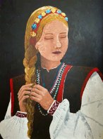 Sweet Ukranian - 2022 - Acrylic with knife - 100x75 War! In this terrible year how not to think about Ukranian women. This sweet girl with traditional dress and decoration has closed eyes to avoid the horrible...