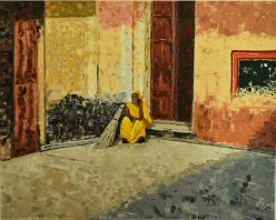 Indian yellow woman- 2017 oil on canvass with knife 60x75 The inspiration comes from a picture taken during my visit in India in 2015. The rest of the woman dressed in yellow is in the center of the painting and it...